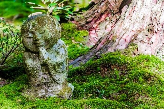写真:木の根元に置かれた地蔵の写真