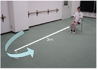 写真2：Timed up&goテストの様子を示す風景写真。