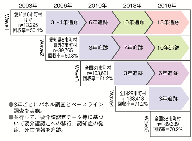 図1：JAGES（AGES）プロジェクトによる縦断研究の概要を示す図。2003年以降3年おきに調査を実施している。