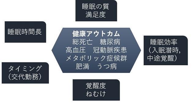 図1：睡眠には複数の側面があることを示す図。睡眠の質、睡眠効率、睡眠時間の長さ、眠るタイミング、昼間の眠気といったことが関係する。