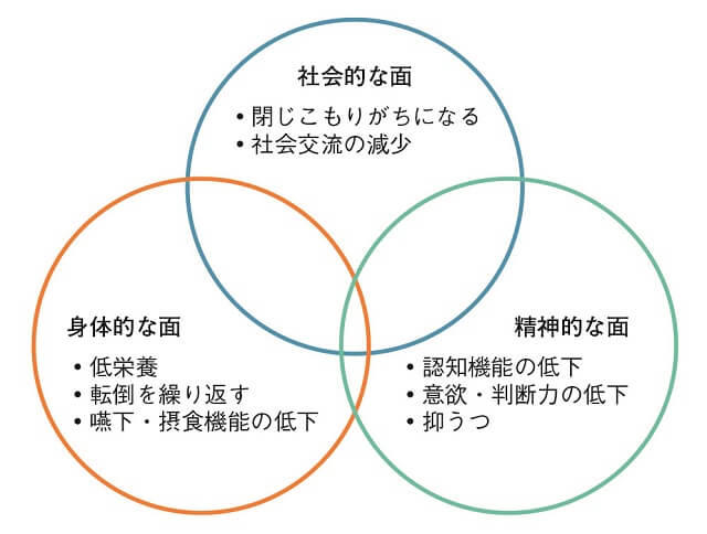 図2：フレイルの主な要因となる社会的な面、身体的な面、精神的な面の多面性を示す図。