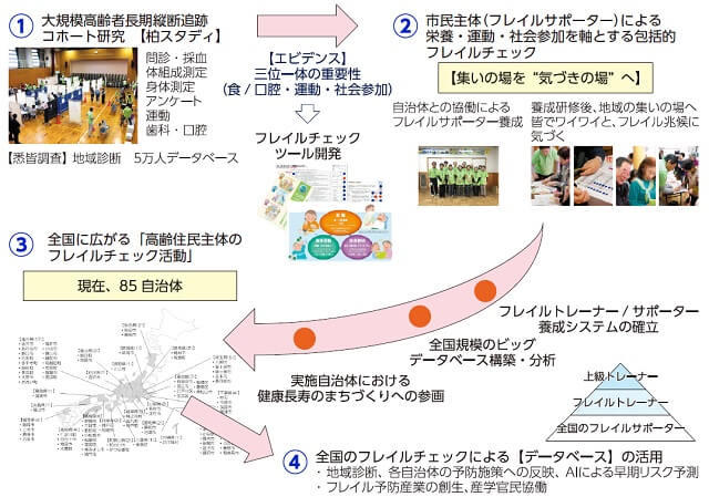 図2、フレイル予防を通した高齢住民主体の健康長寿まちづくりの図。大規模高齢者長期縦断追跡コホート研究（柏スタディ）をベースに、高齢住民主体（フレイルサポーター）による栄養・運動・社会参加を軸とする包括的フレイルチェックを行う活動が現在全国85自治体で実施されているのを表している。