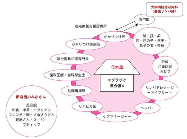 図2：対談者大熊由紀子氏のお母さまが利用した地域包括ケアでのサービス内容を表す図。