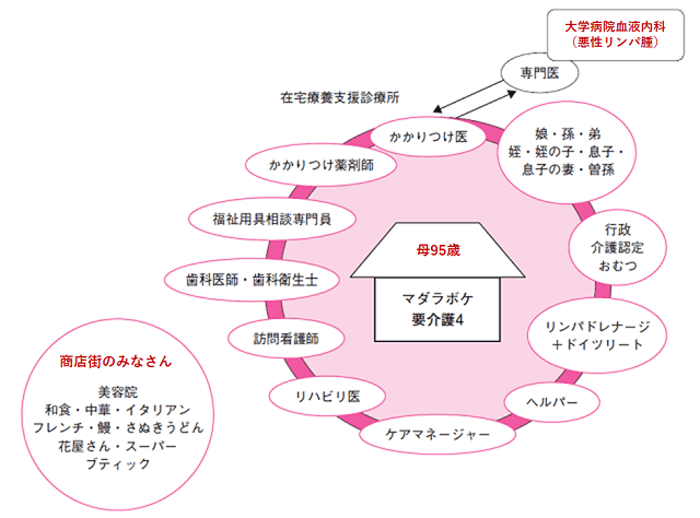 図2:対談者大熊由紀子氏のお母さまが利用した地域包括ケアでのサービス内容を表す図。