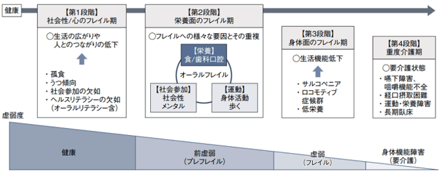 図3：栄養から見たフレイルの進行を示す図。人とのつながりが低下することで孤食となり低栄養となり、サルコペニアを発症し生活機能が低下することをあらわす。