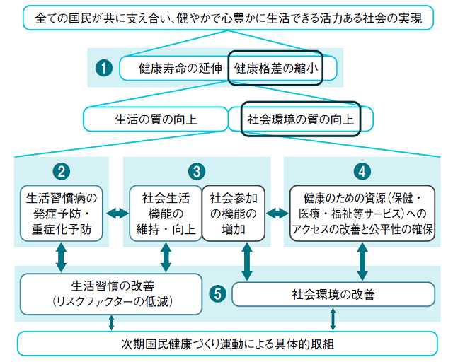 図4:健康日本21(第2次)の概念を表す図。今までの生活習慣病予防に偏った方針ではなく、健康格差の縮小を図るため、社会環境の質の向上を目指し、社会参加の機会を増やすという考えが加わり、全ての国民が共に支え合い、健やかで心豊かに生活できる活力ある社会の実現を目指す。