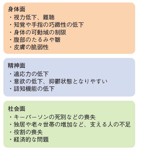 図5：加齢による変化を身体面、精神面、社会面に分類し表す図。