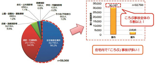 図5:平成30年中における東京消防庁の救急搬送データから見る高齢者の転倒発生場所の割合を示す図。