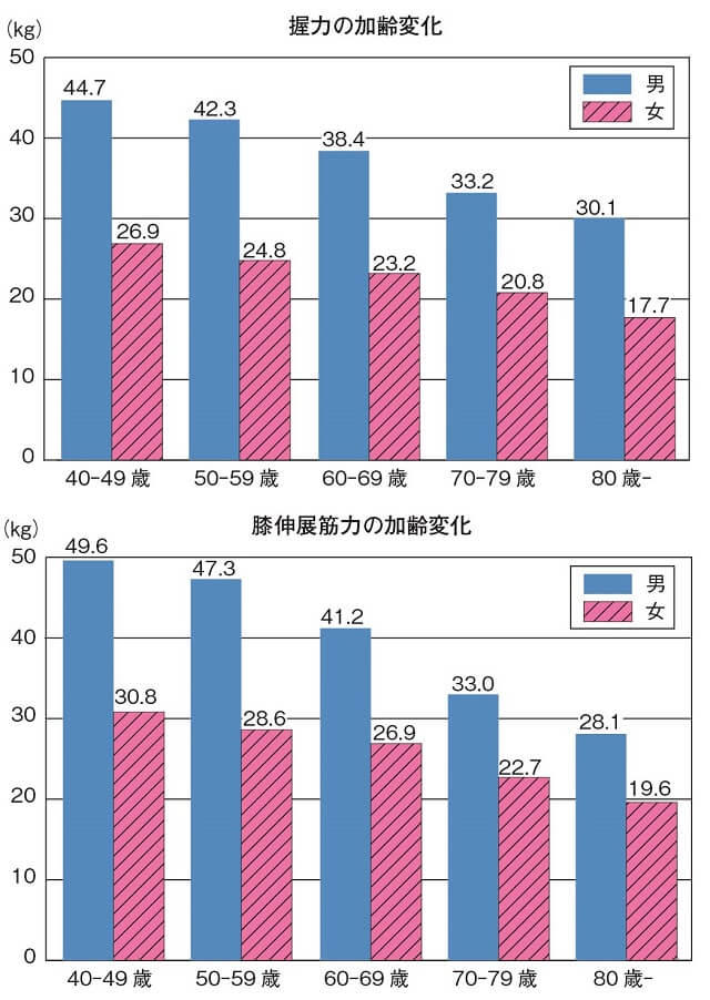 図6:40代から80歳以上の年代別による握力と膝伸展筋力の加齢変化をそれぞれ示す図。加齢により下肢の筋力は急速に低下することがわかる。