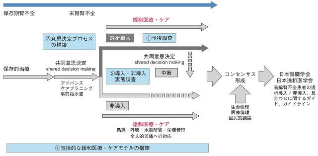 図:長寿科学研究開発事業において高齢腎不全患者にむけに研究班が取り組む事業構想を表す図。