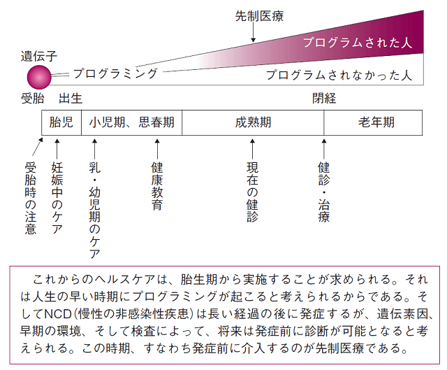 図：ライフコース・ヘルスケアと先制医療の関係を表す図。ライフヒストリーに基づいてヘルスケアを行い、それぞれの時期に大切なことを見定め対応することが大切である。