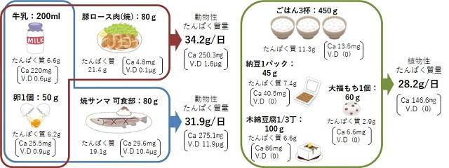 図3:70歳以上男性のたんぱく質摂取量を満たす食事の例。
