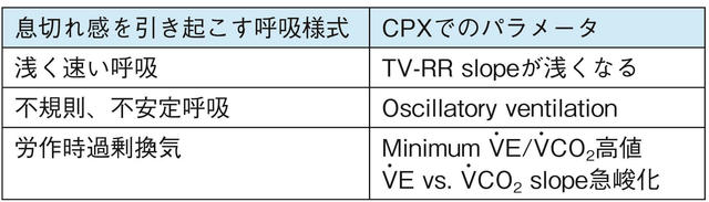 息切れ感を引き起す呼吸様式に対するCPXでのパラメータを示している表